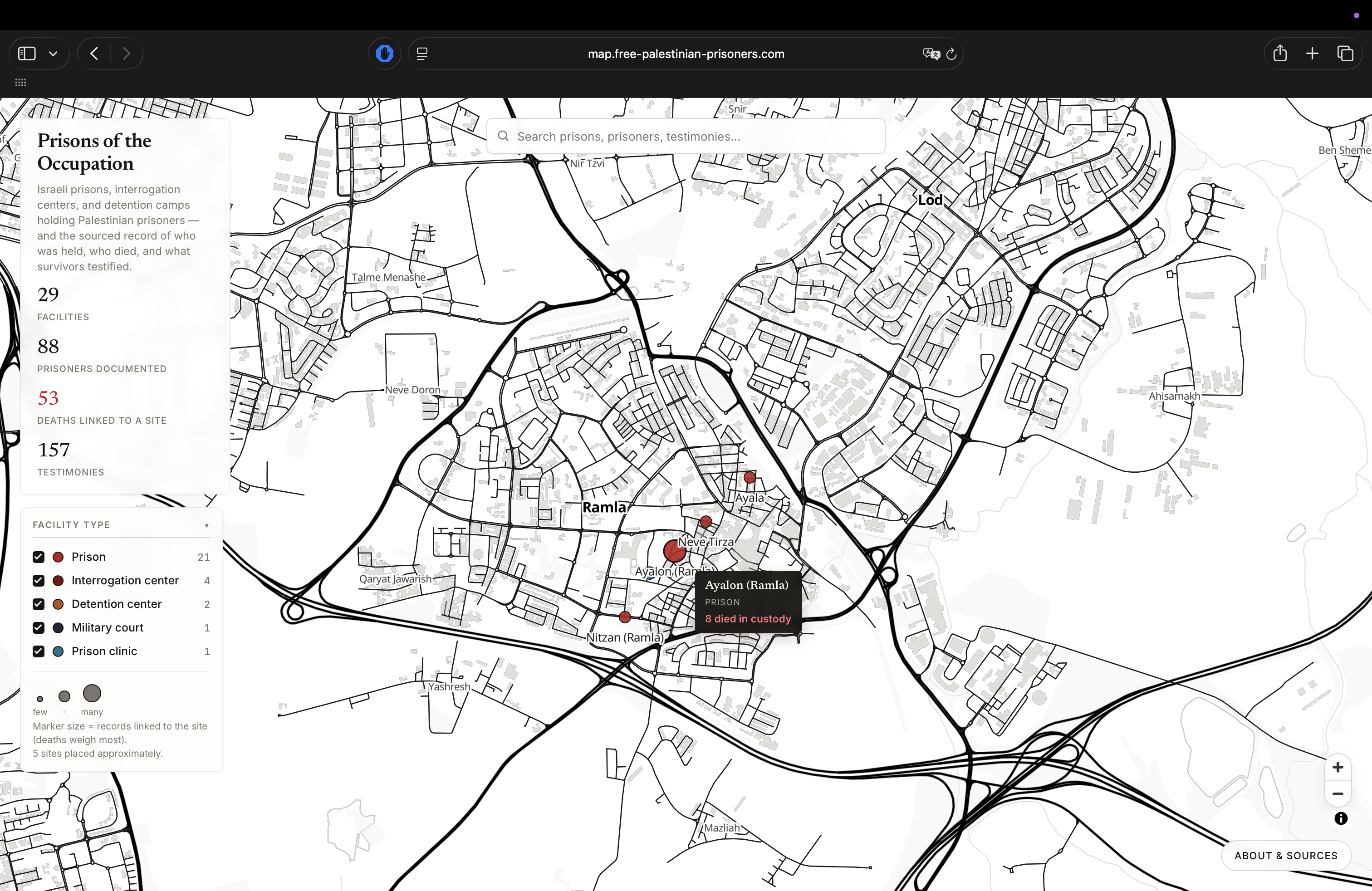 The map showing detention facilities as markers, with a tooltip previewing the records linked to one of them.