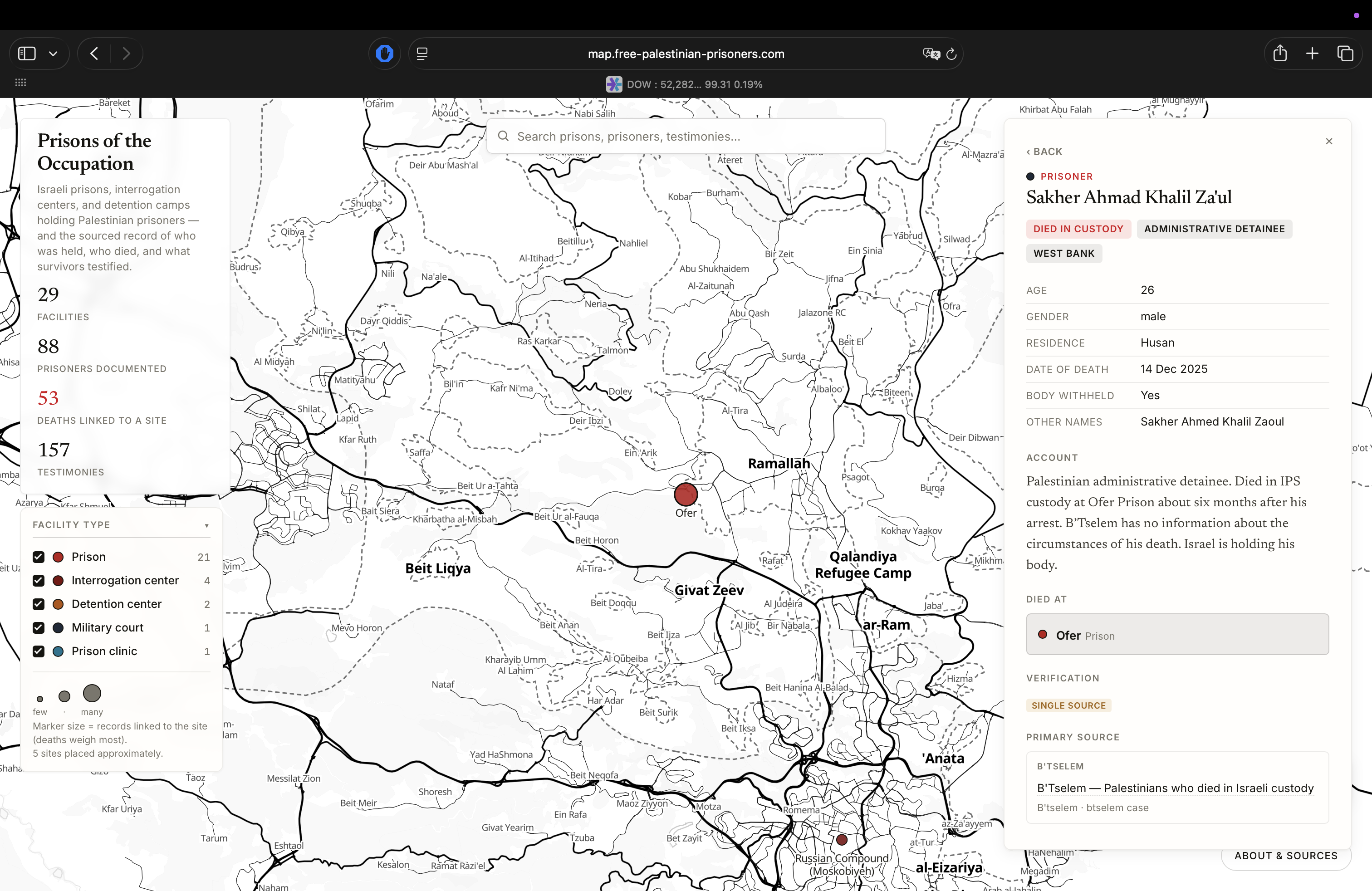 A prisoner record open beside the map, showing detention details and source citations.