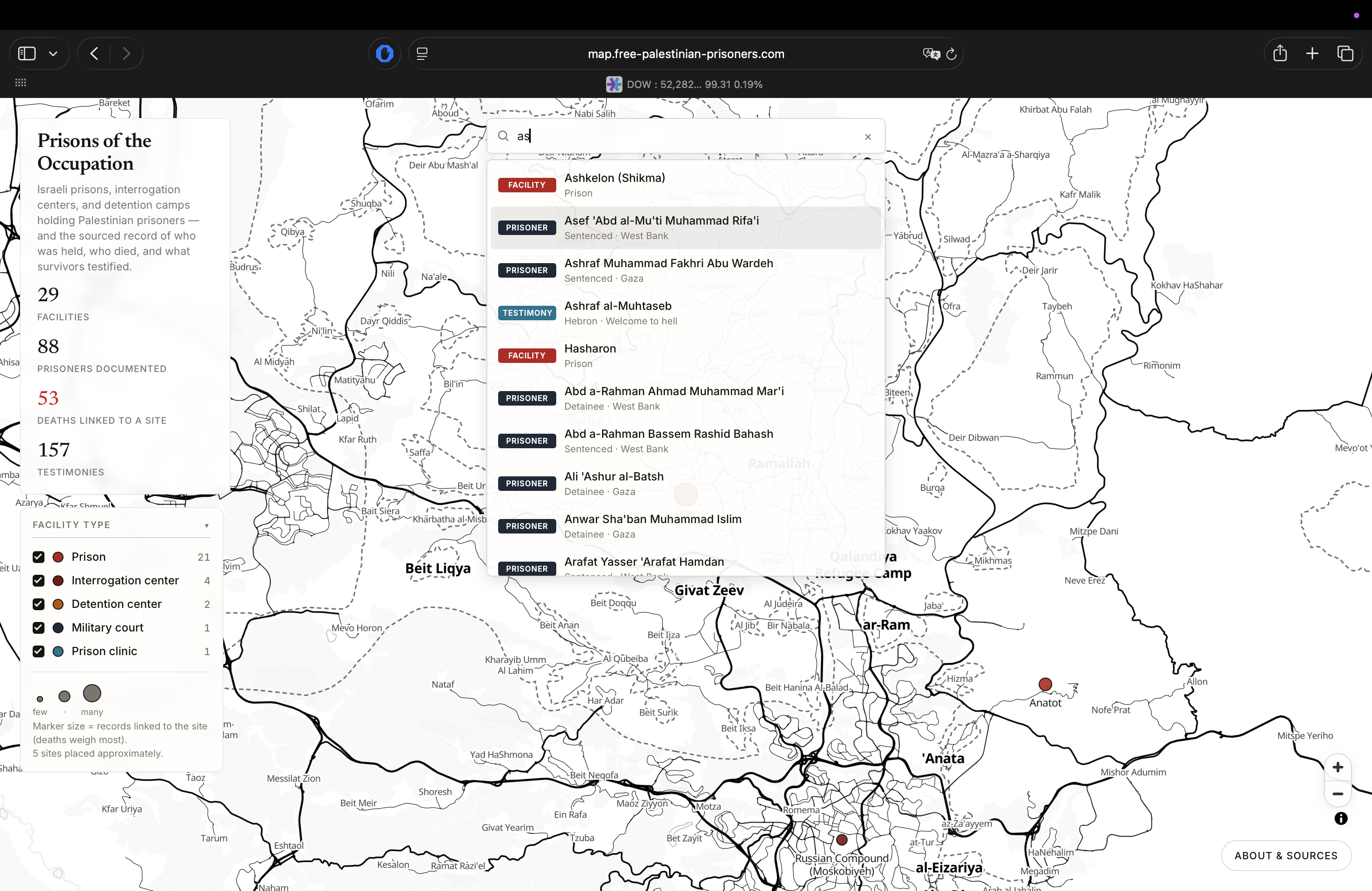 The map with the search panel open, listing matching facilities, prisoners, and testimonies.