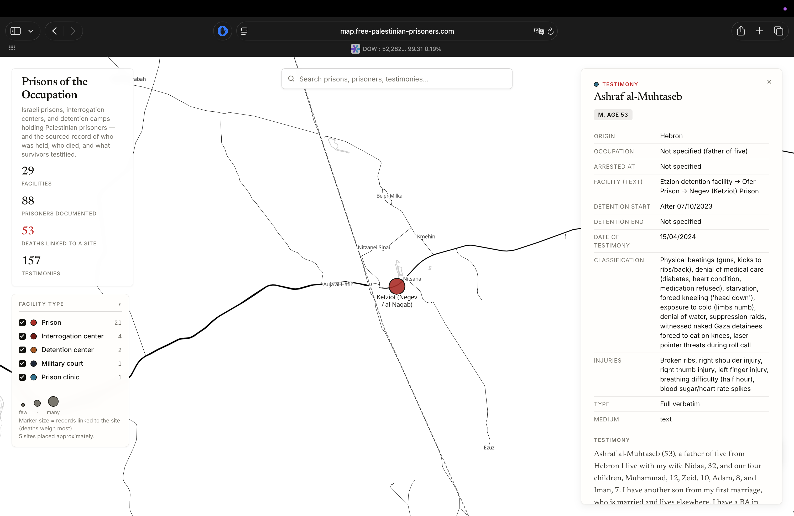 A first-hand testimony record open beside the map, linked to the facility it describes.